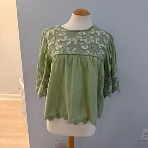 Free People like Sage Green Embroidered Peasant Blouse